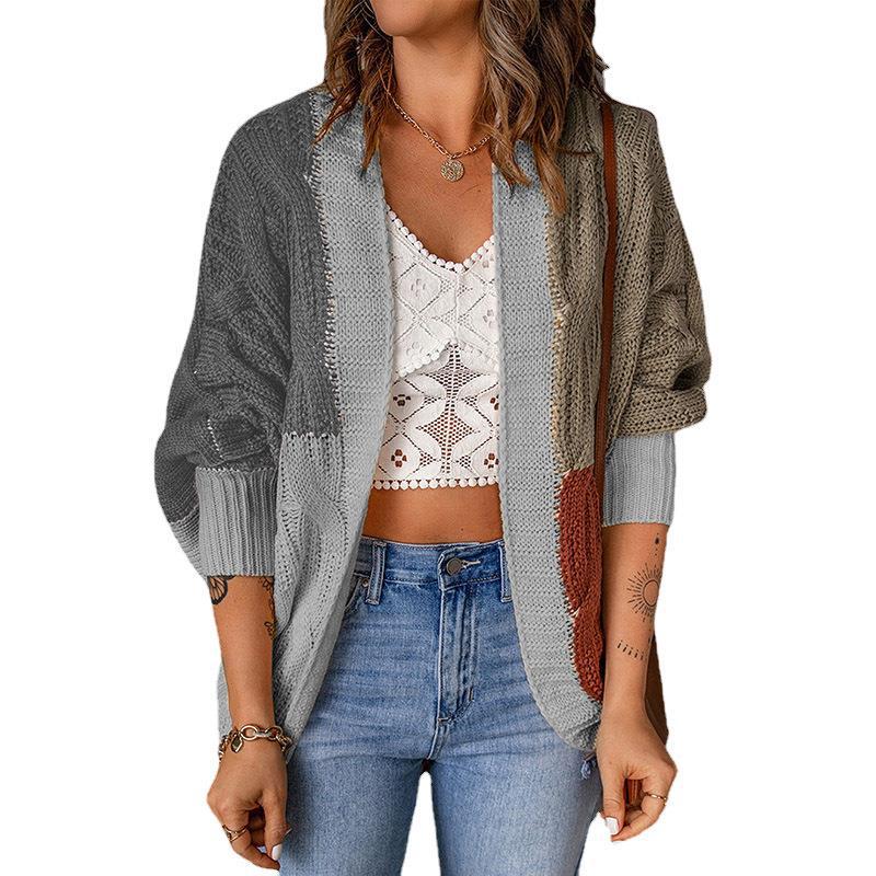 Damen Lockere Strickjacke mit modischem Farbblockdesign und tiefen Taschen