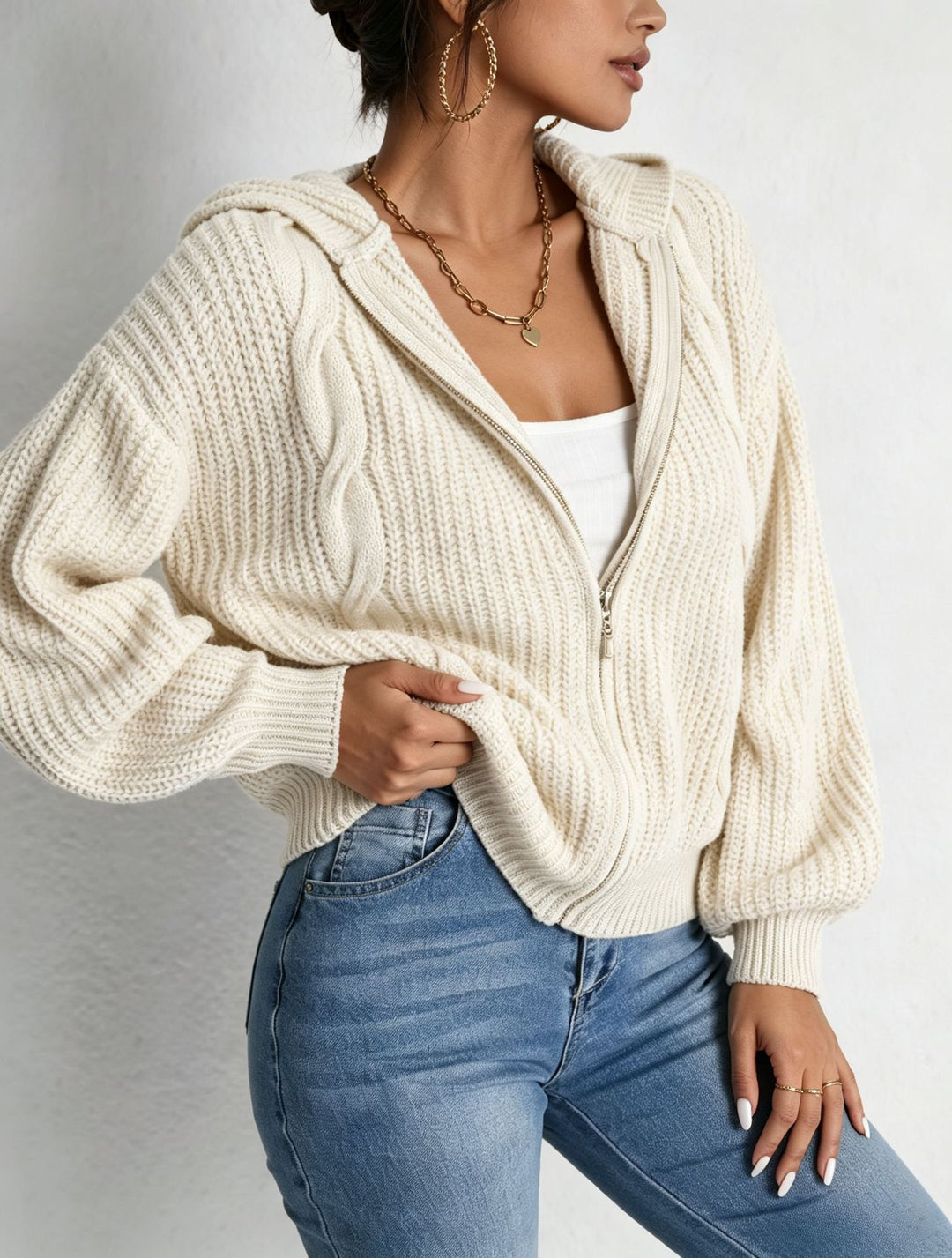 Damen Kapuzen-Cardigan im Grobstrick mit Zopfmuster und Reißverschluss Shop Nory