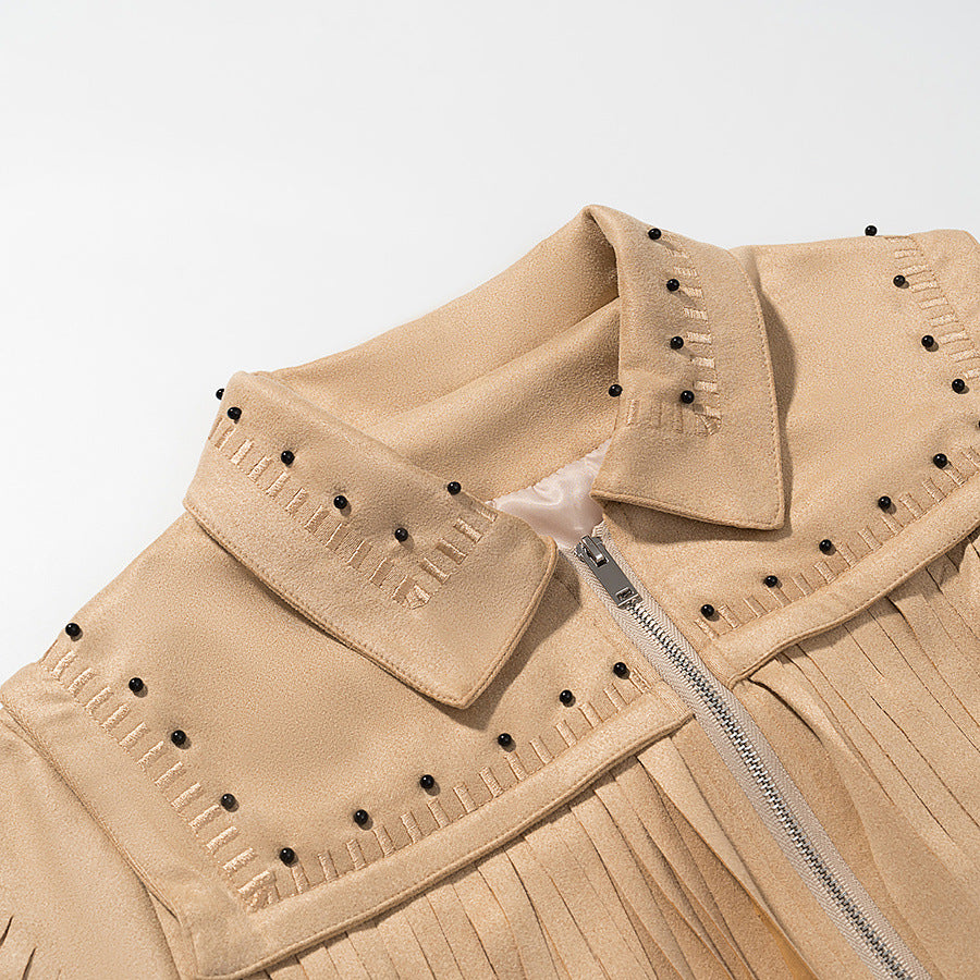 Damen Kurze Fransen-Suedejacke im Westernstil mit Nietenbesatz und Frontreißverschluss Shop Nory