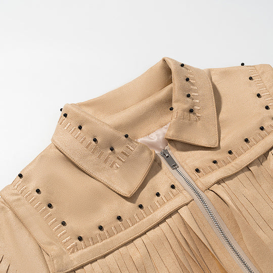 Damen Kurze Fransen-Suedejacke im Westernstil mit Nietenbesatz und Frontreißverschluss Shop Nory