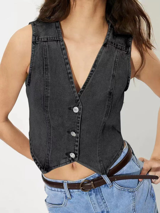 Damen taillierte ärmellose Jeansweste mit V-Ausschnitt Shop Nory
