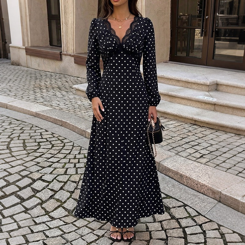 Damen Polka‑Dot Maxikleid mit Spitzen‑V-Ausschnitt, Empire‑Taillenlinie und langem Fließrock Shop Nory