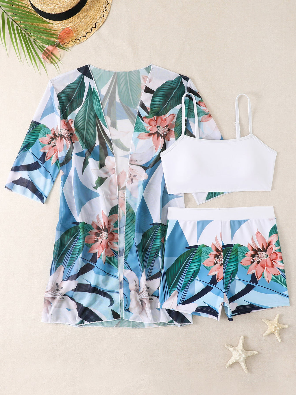 Damen Strand-Badetasche mit floralem Überwurf und Bikiniset