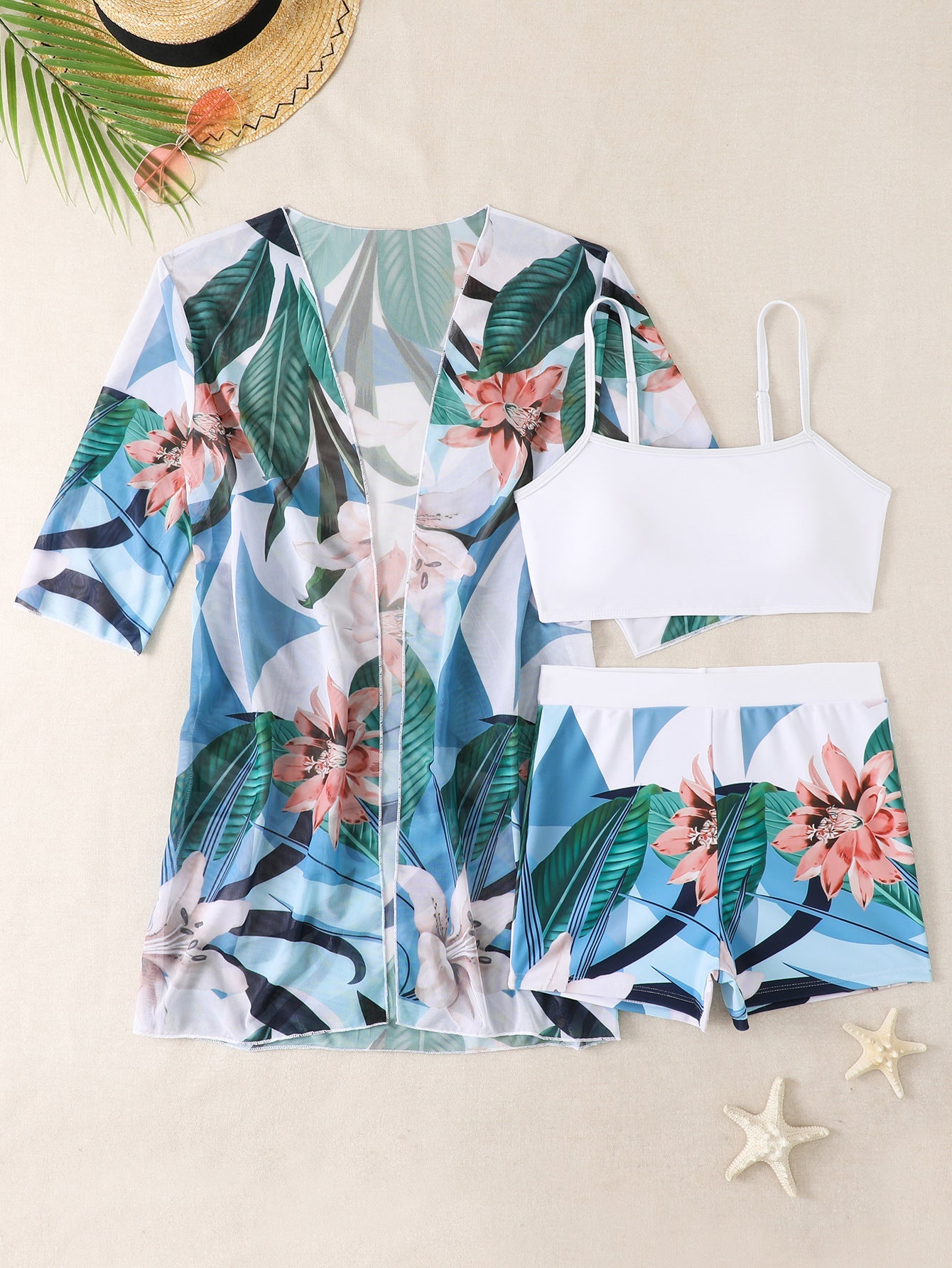 Damen Strand-Badetasche mit floralem Überwurf und Bikiniset