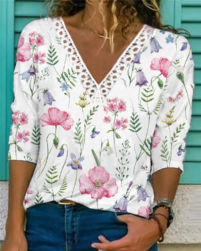 Damenbluse mit V-Ausschnitt und Spitzenbesatz, 3/4-Ärmel, Blumenmuster und lockerer Schnitt Shop Nory