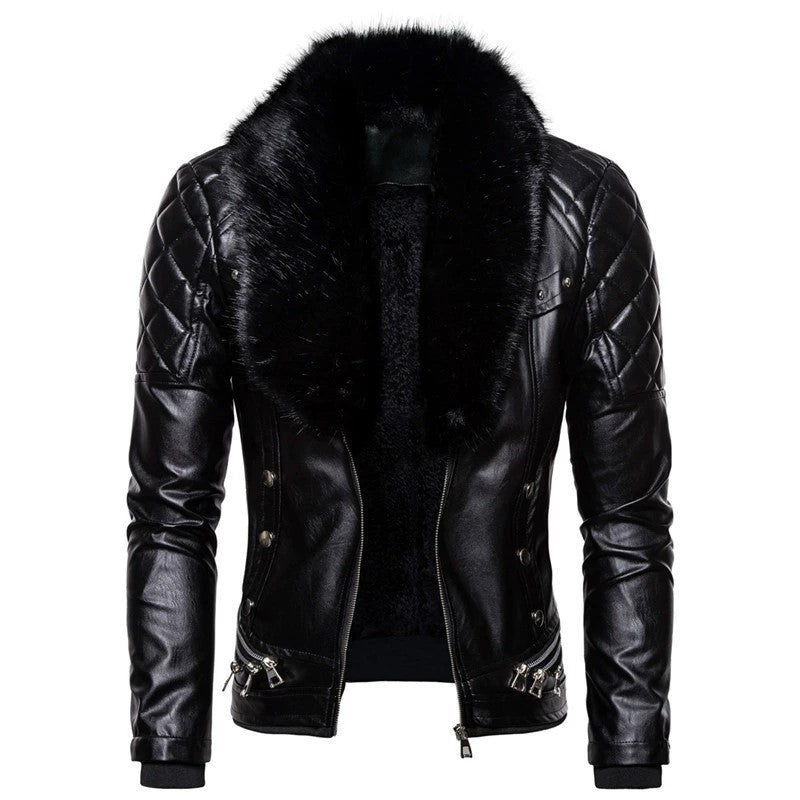Herren Bikerjacke mit Kunstfellkragen und gesteppten Details