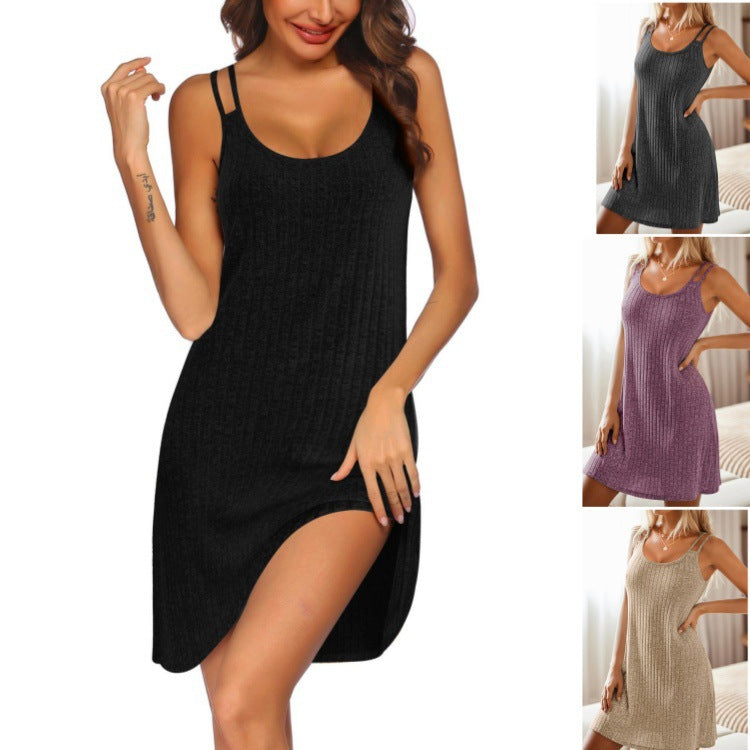 Damen Rippenoptik Spaghettiträger Mini Kleid
