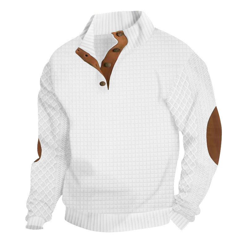Herren Waffelstrick-Halbzip-Pullover mit Stehkragen Lederbesatz und Ellbogenpatches Shop Nory