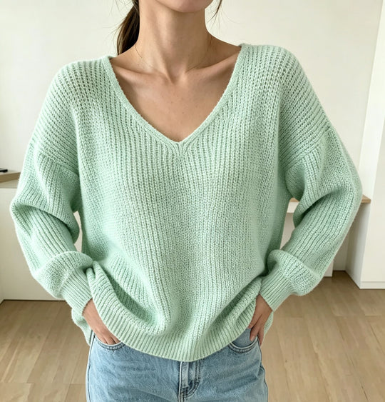 Damen Lässiger Boxy-Grobstrickpullover mit V-Ausschnitt und gerippten Bündchen Shop Nory