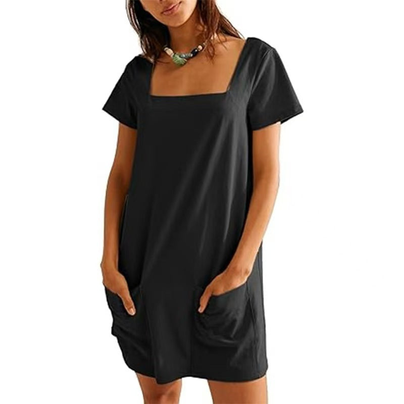 Damen Lockeres Sommerkleid mit Quadrat-Ausschnitt und praktischen Taschen