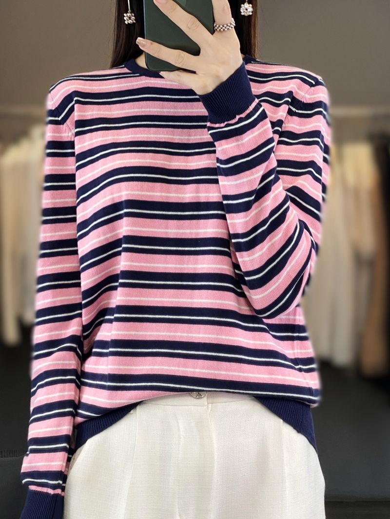 Damen Lässiger Ringel-Feinstrickpullover mit Boxy‑Silhouette und kontrastierenden Rippbündchen Shop Nory