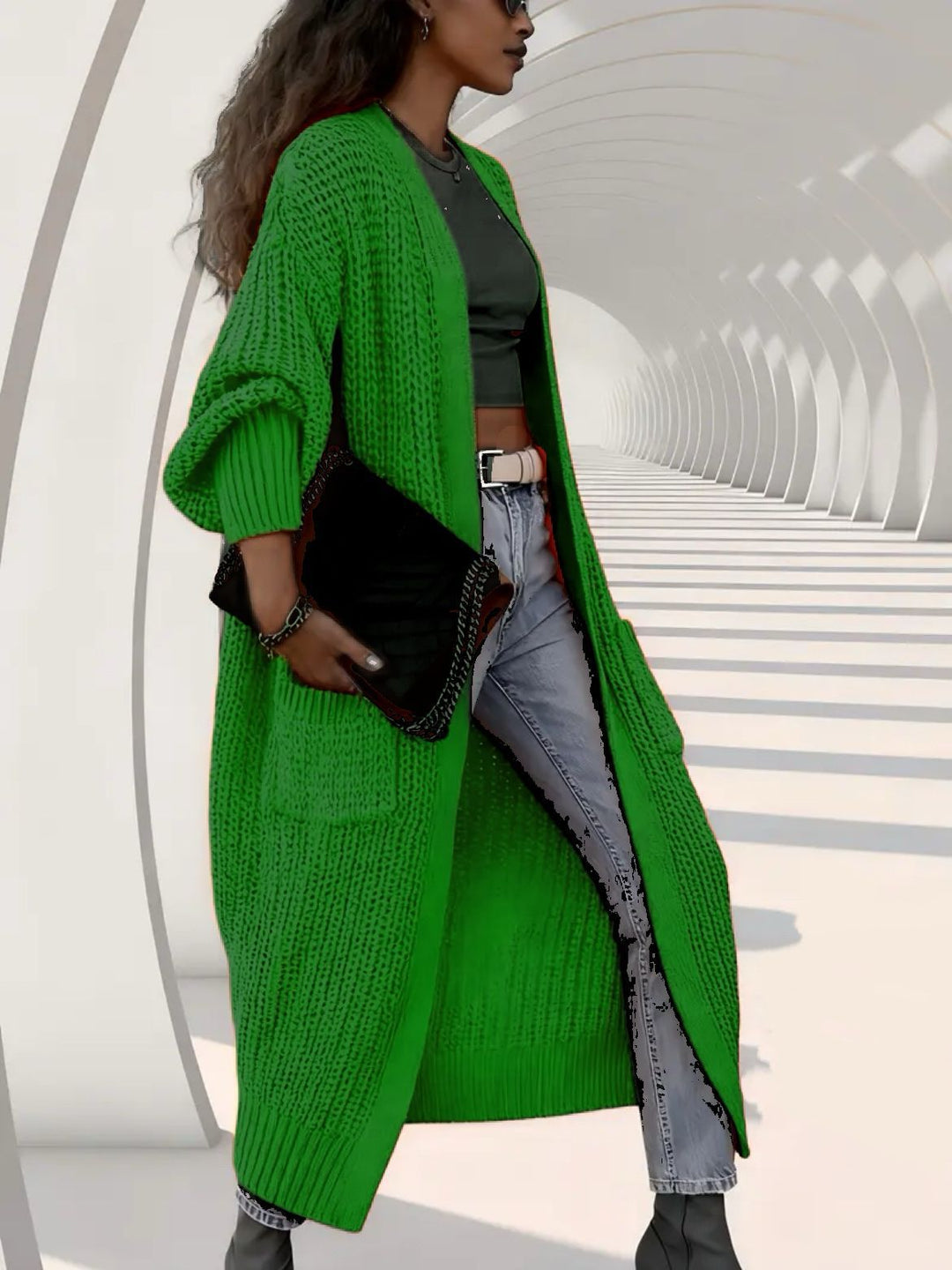 Damen Langer Offener Grobstrick-Mantelcardigan mit Flechtstruktur und überschnittener Schulter Shop Nory