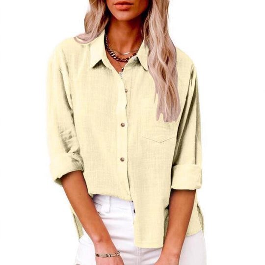 Damen lässige Leinenbluse mit kurzem Arm und Knopfdetails