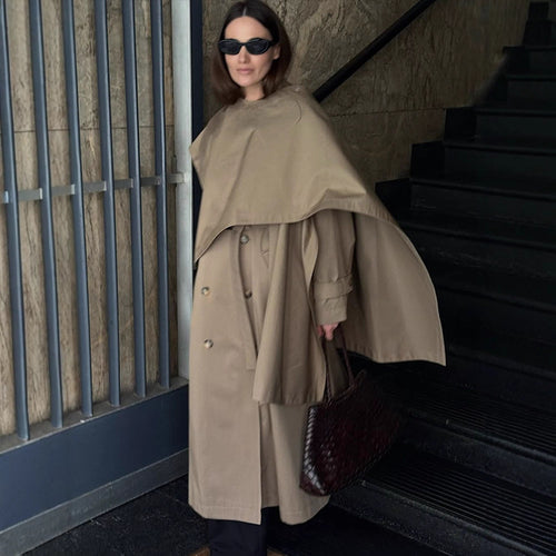 Damen Midilanger Trenchcoat mit ponchoartigem Cape-Überwurf & kastiger Silhouette Shop Nory