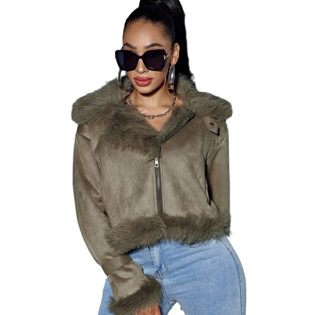 Damen Kurzjacke aus Wildlederoptik mit Fellbesatz, Kapuze & Reißverschluss Shop Nory