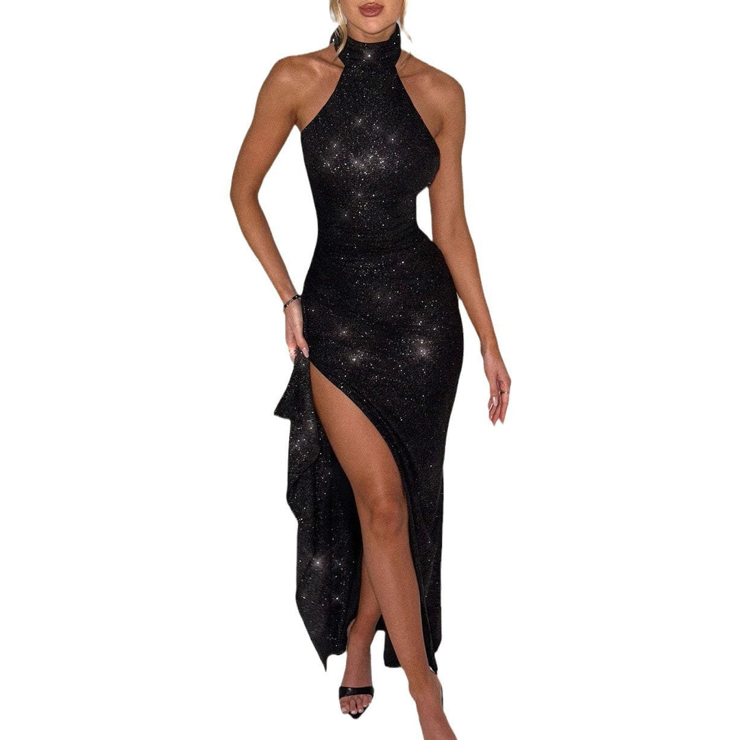 Damen Glamouröses Abendkleid mit Schlitz und Hochkragen