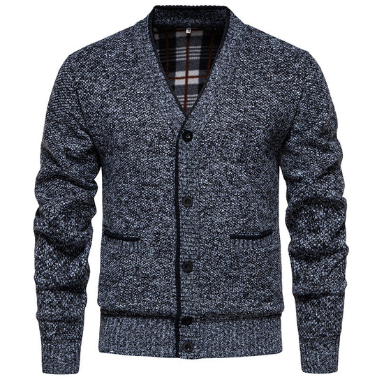 Herren Strukturierter V-Ausschnitt Strickcardigan mit kontrastierter Kante und kariertem Innenbesatz Shop Nory
