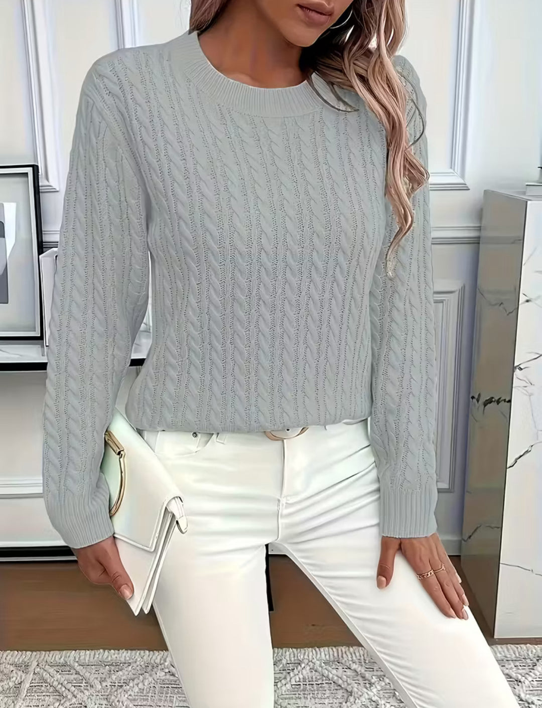 Damen Kurz geschnittener Zopfmuster-Strickpullover mit Rundhalsausschnitt Shop Nory