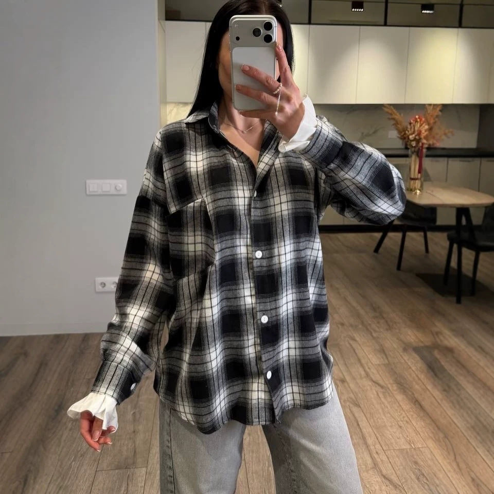 Damen Kariertes Flanell-Overshirt mit Hemdblusenkragen, Relaxed-Fit und aufgesetzter Brusttasche Shop Nory