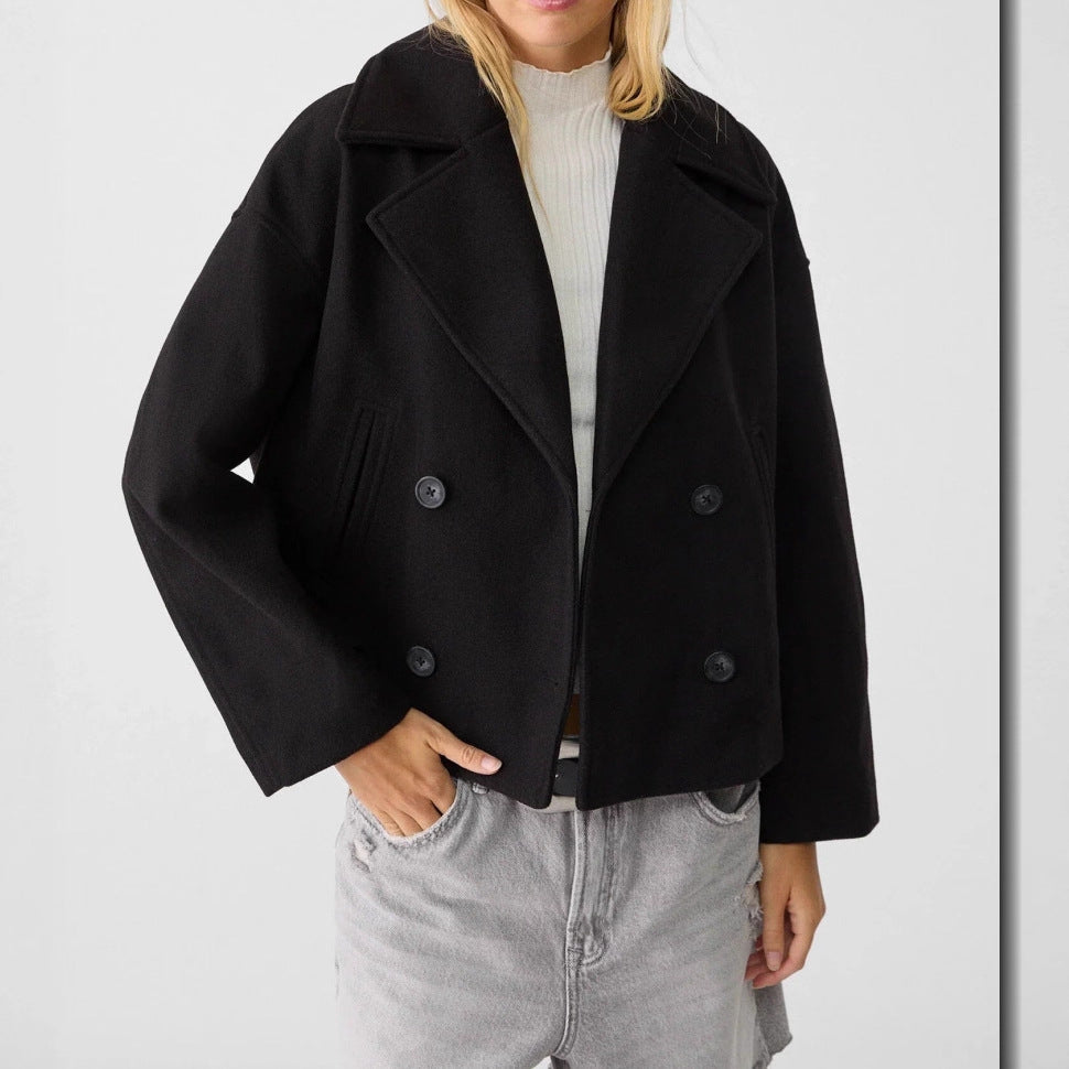 Damen nan kurz geschnittener Zweireiher Wollmix-Peacoat mit überbreitem Revers und kastiger Silhouette Shop Nory
