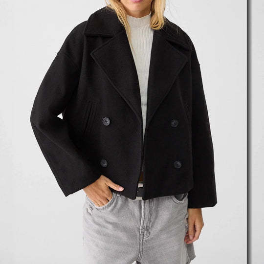 Damen nan kurz geschnittener Zweireiher Wollmix-Peacoat mit überbreitem Revers und kastiger Silhouette Shop Nory