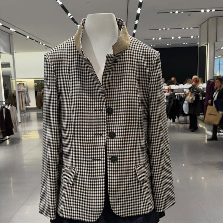 Damen Taillierter Kurzblazer im Vichy-Karo mit Stehkragen und geschwungenem Saum Shop Nory