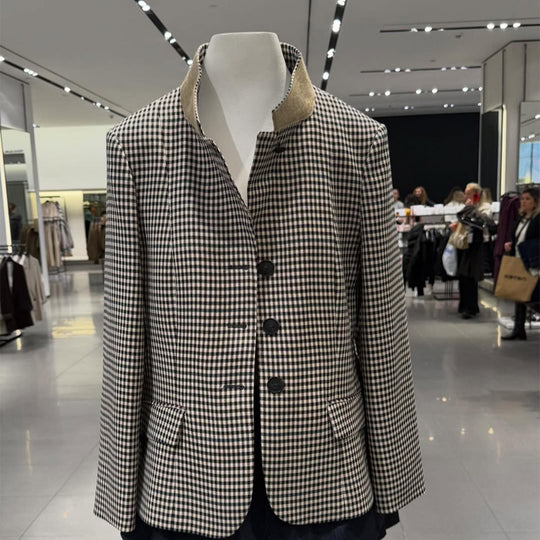 Damen Taillierter Kurzblazer im Vichy-Karo mit Stehkragen und geschwungenem Saum Shop Nory