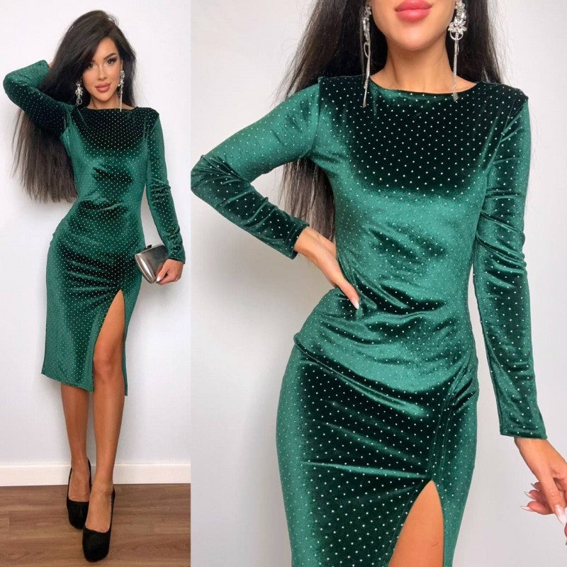 Damen Samt-Midikleid mit eleganten Pailletten und seitlichem Schlitz Shopnory