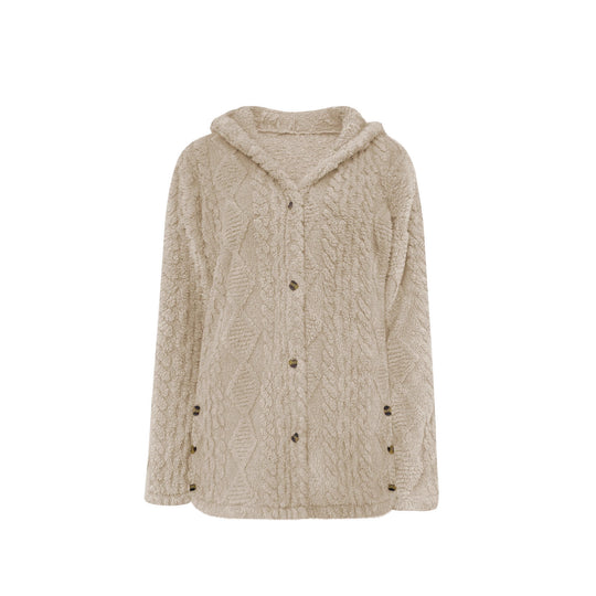 Damen Oversize Strickmantel mit Kapuze, Jacquard‑Struktur und Knopfleiste Shop Nory