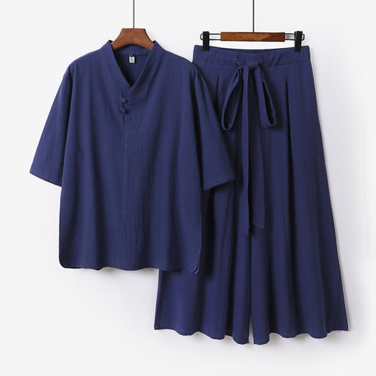 Unisex Zweiteiliges Kimono-Lounge-Set mit Stehkragen Kurzarmtop und weiter Bindbundhose Shop Nory