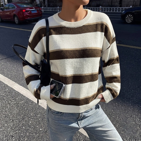 Damen Lockerer Maritim-inspirierter Oversize-Strickpullover mit breiten Blockstreifen und gerippten Bündchen Shop Nory
