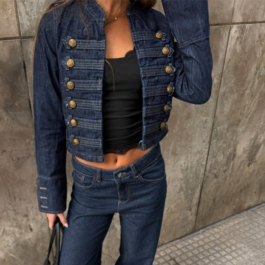 Damen Militärisch inspirierte taillierte Kurzjacke mit Zierfalten und Metallknöpfen Shop Nory