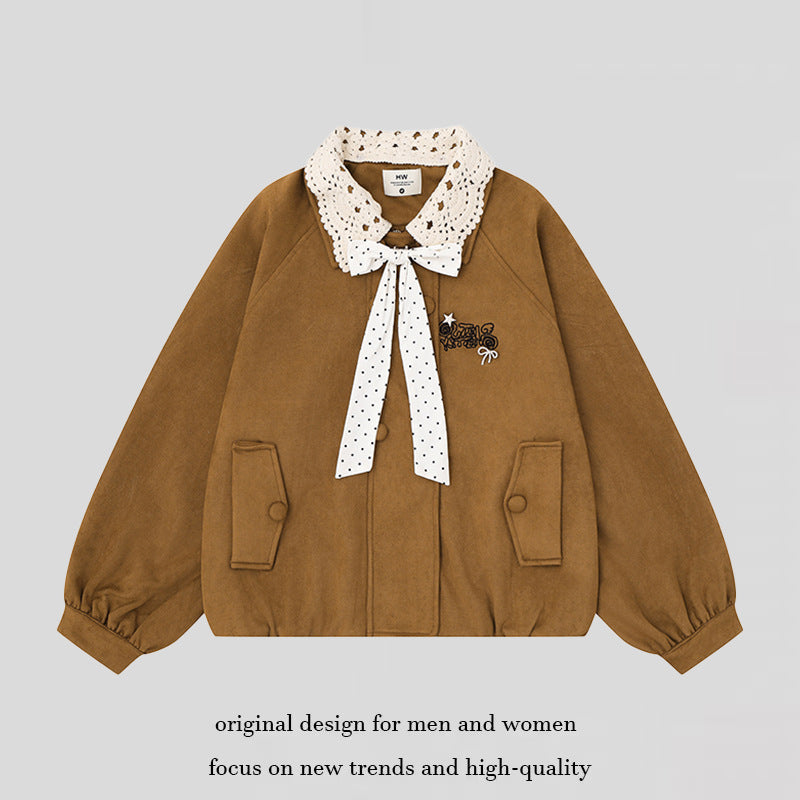 Damen Kurze Bomberjacke mit Häkelkragen und Schleifenband Shop Nory