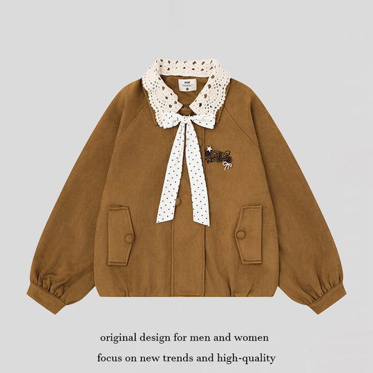 Damen Kurze Bomberjacke mit Häkelkragen und Schleifenband Shop Nory