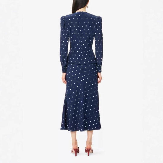 Damen Midikleid mit Punkteprint, tiefem V‑Ausschnitt, Wickelraffung und langen Ärmeln Shop Nory