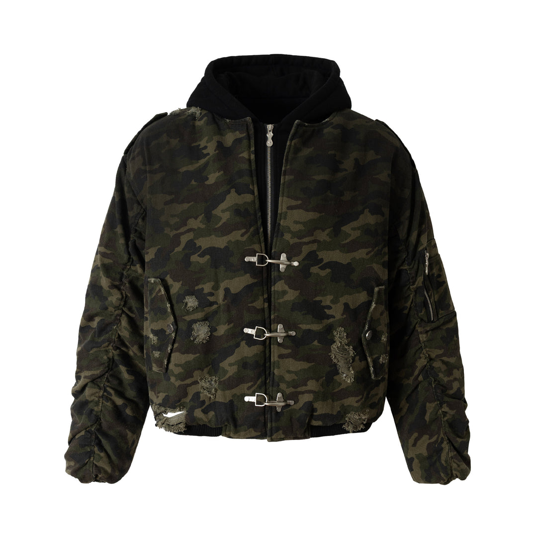 Herren Camouflage Utility-Bomberjacke mit Kapuze, Distressed‑Details und Hakenverschluss Shop Nory