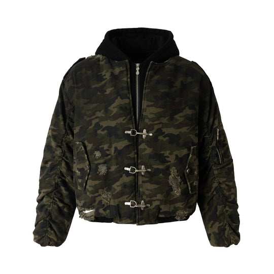 Herren Camouflage Utility-Bomberjacke mit Kapuze, Distressed‑Details und Hakenverschluss Shop Nory