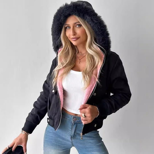 Damen Kurzblouson Winterjacke mit Teddyfutter und abnehmbarer Kunstfellkapuze Shop Nory