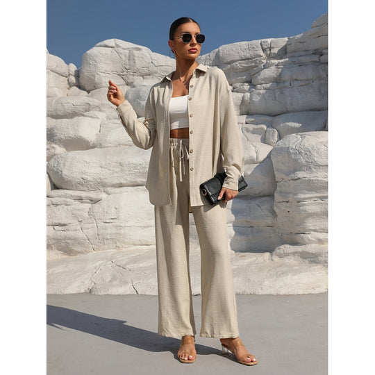 Damen Zweiteiliges Leinenoptik-Loungewear-Set mit Oversize-Hemd und weitem Komfort-Palazzo Shop Nory