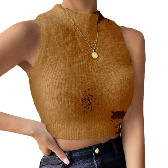 Damen Kurz geschnittenes ärmelloses geripptes Strick-Crop-Top mit Stehkragen Shop Nory