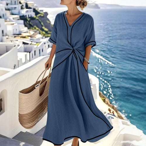 Damen Langes A-Linienkleid mit V‑Ausschnitt, Knoten-Detail und Kontrastpaspel Shop Nory