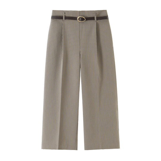 Damen Weite Stoffhose mit hoher Taille, Glencheck, Bügelfalte und schmalem Taillengürtel Shop Nory