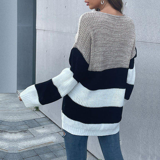 Damen Oversize-Blockstreifen-Pullover aus grobem Strick mit weitem Schnitt Shop Nory