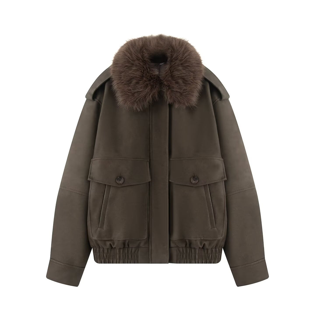 Damen Oversize-Bomberjacke aus Wildlederoptik mit abnehmbarem Fellkragen Shop Nory