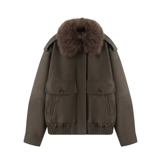 Damen Oversize-Bomberjacke aus Wildlederoptik mit abnehmbarem Fellkragen Shop Nory
