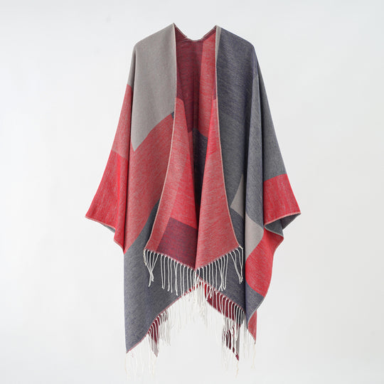 Damen Großer Wolloptik-Poncho mit geometrischem Blockmuster und Fransensaum Shop Nory