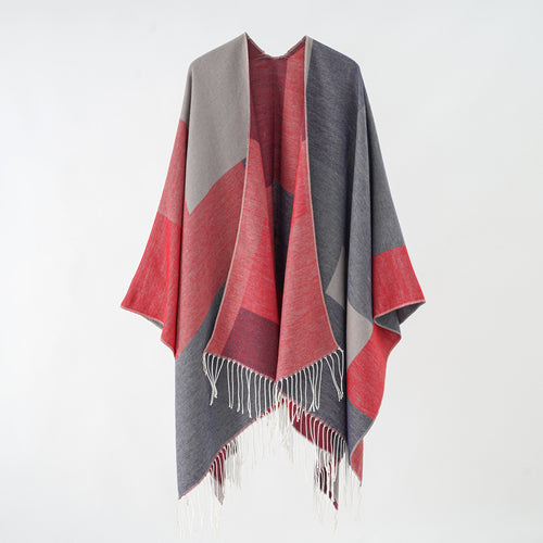 Damen Großer Wolloptik-Poncho mit geometrischem Blockmuster und Fransensaum Shop Nory