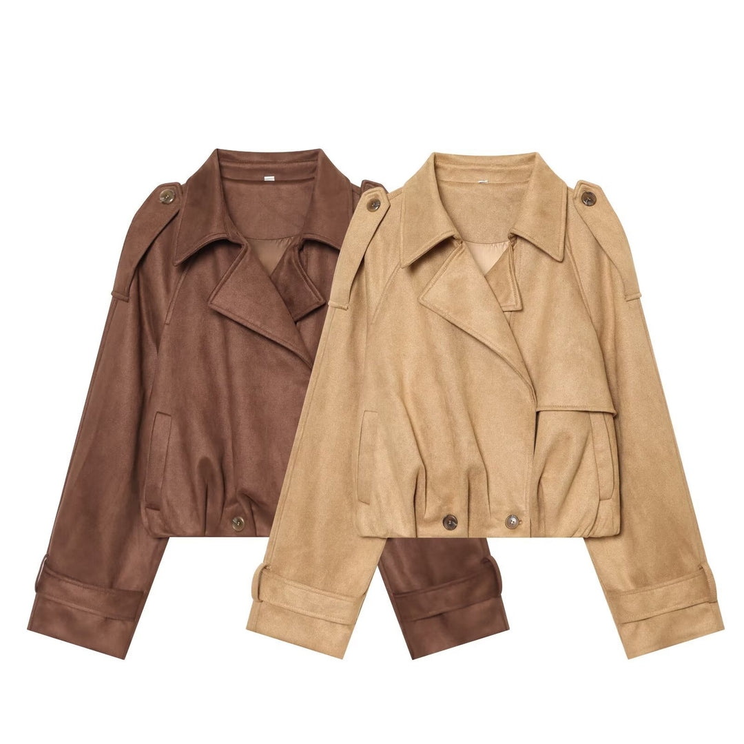 Damen Kurzgeschnittene Trenchjacke in Veloursleder‑Optik mit Schulterklappen und Schnallenmanschetten Shop Nory