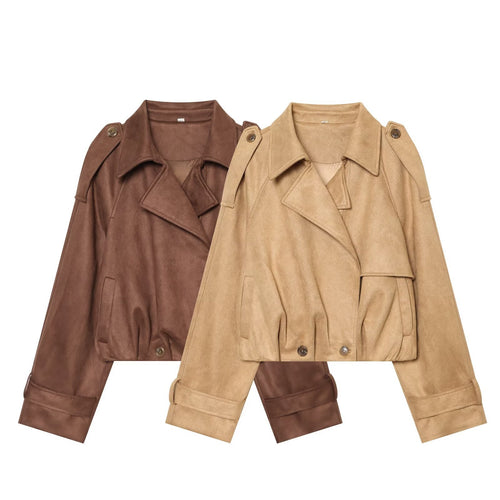 Damen Kurzgeschnittene Trenchjacke in Veloursleder‑Optik mit Schulterklappen und Schnallenmanschetten Shop Nory
