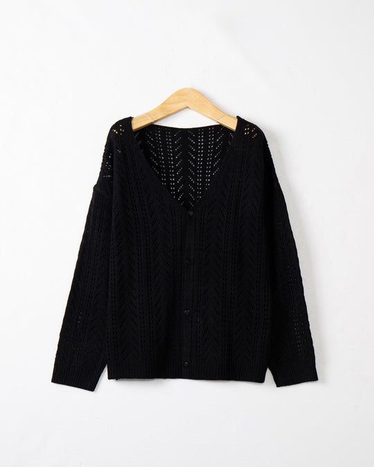 Damen Leichte Ajour-Strickjacke mit tiefem V-Ausschnitt und Knopfleiste Shop Nory